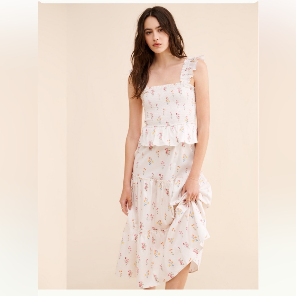 Rachel Parcell Size M White Dress Floral Smocked Flutter Midi Ruffle Cottagecore